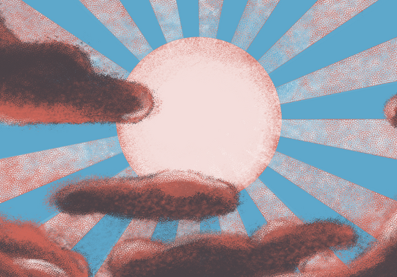 Das Bild zeigt die Zeichnung einer Sonne mit Strahlen vor blauem Himmel. Vor die Sonne schieben sich dunkle Wolken.